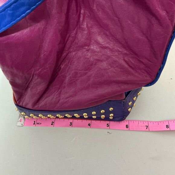 Colorblocked Studded Multi-Colored Leather Drawstring Bucket Bag - Picture 8 of 10